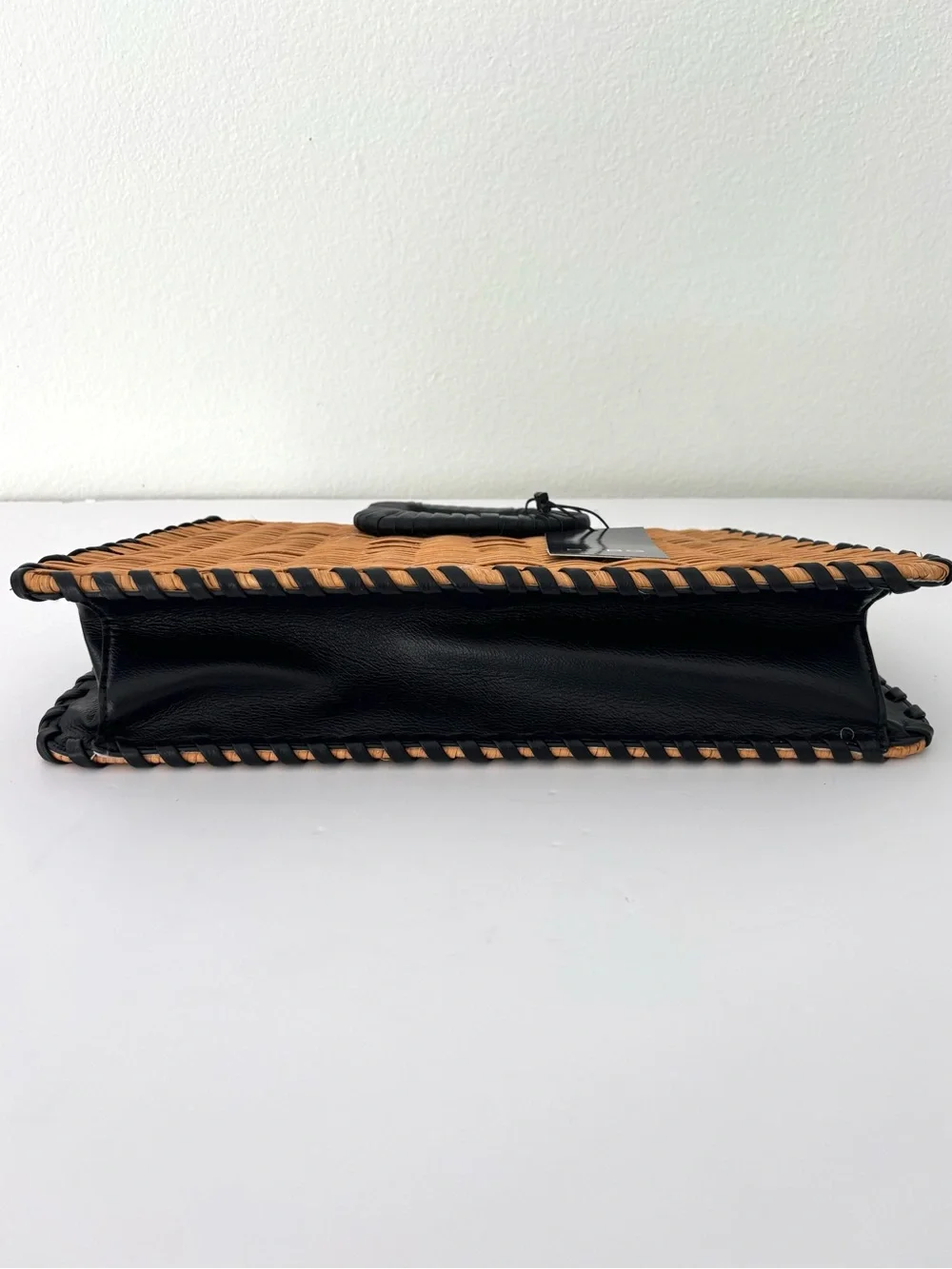 BCBG Natural Wicker Black Whipstitch Bag NWT Square Handles Crossbody